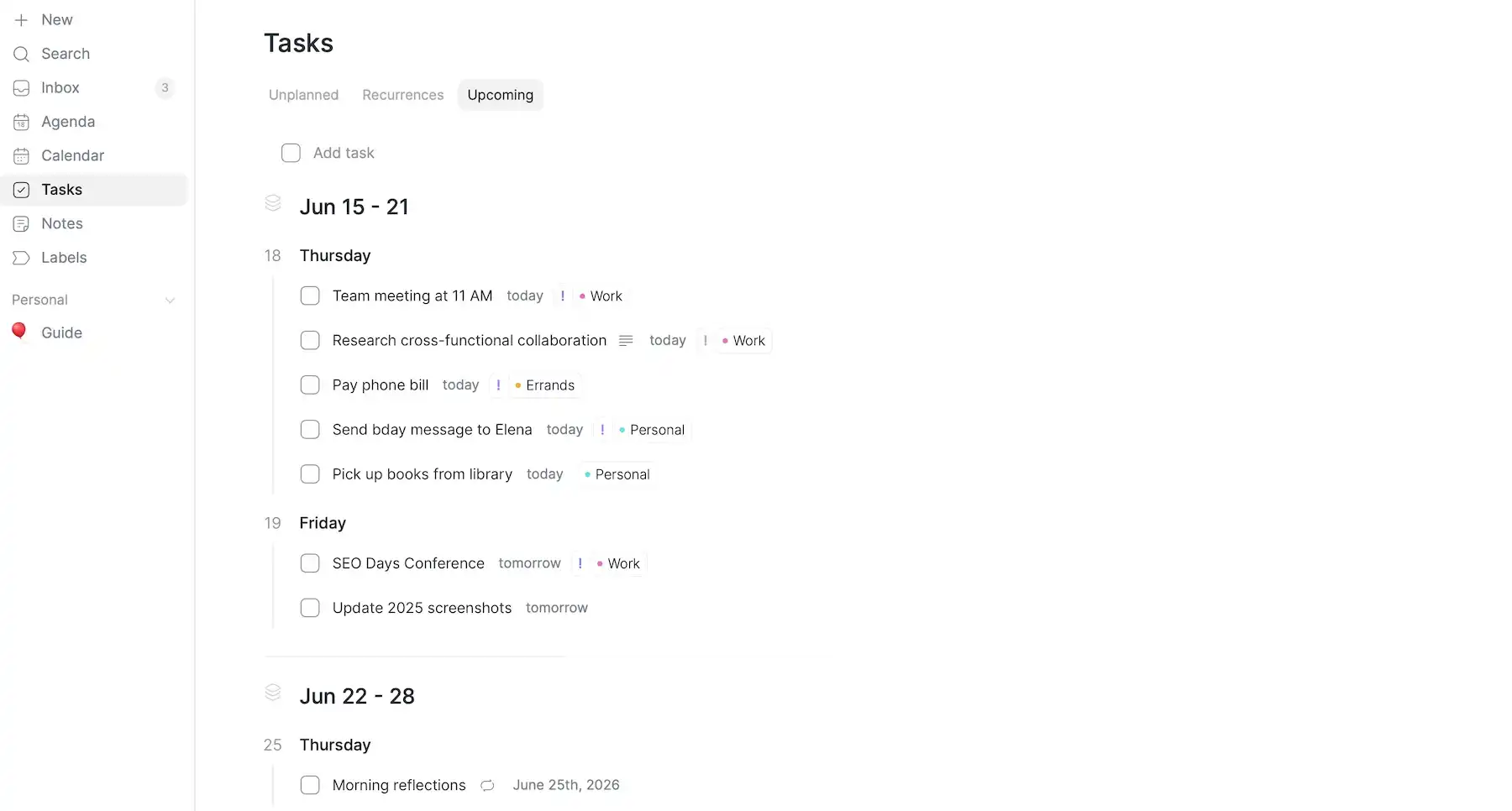 Upcoming tasks in Routine