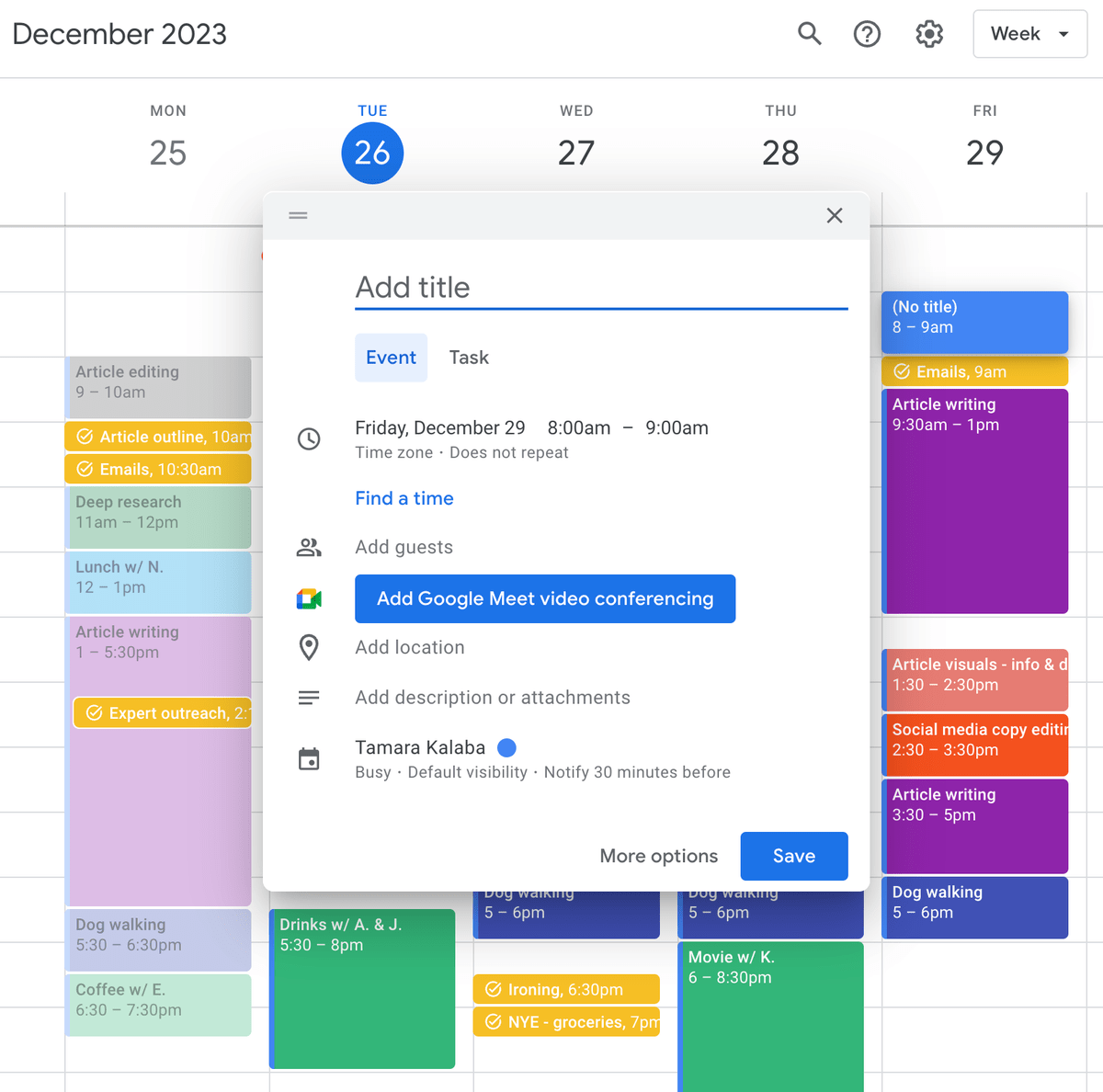 Creating events in Google Calendar