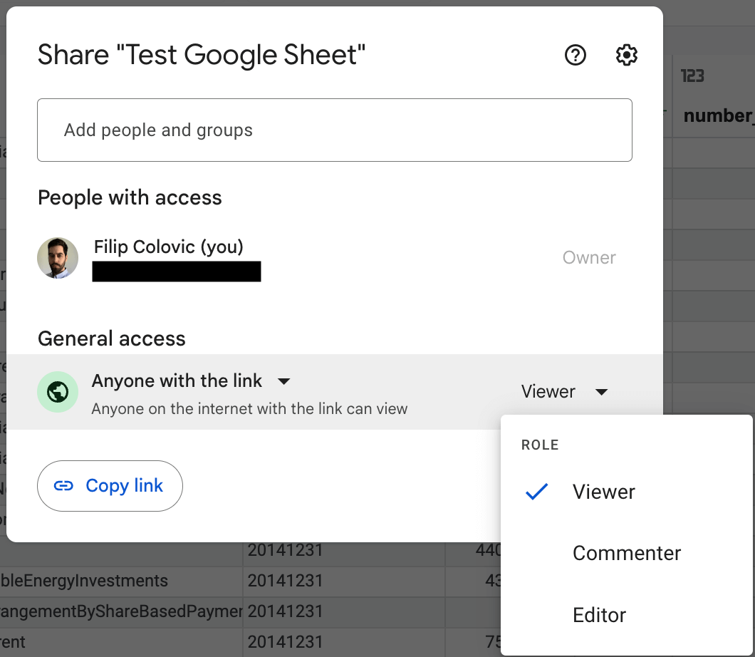 Google Sheets sharing options