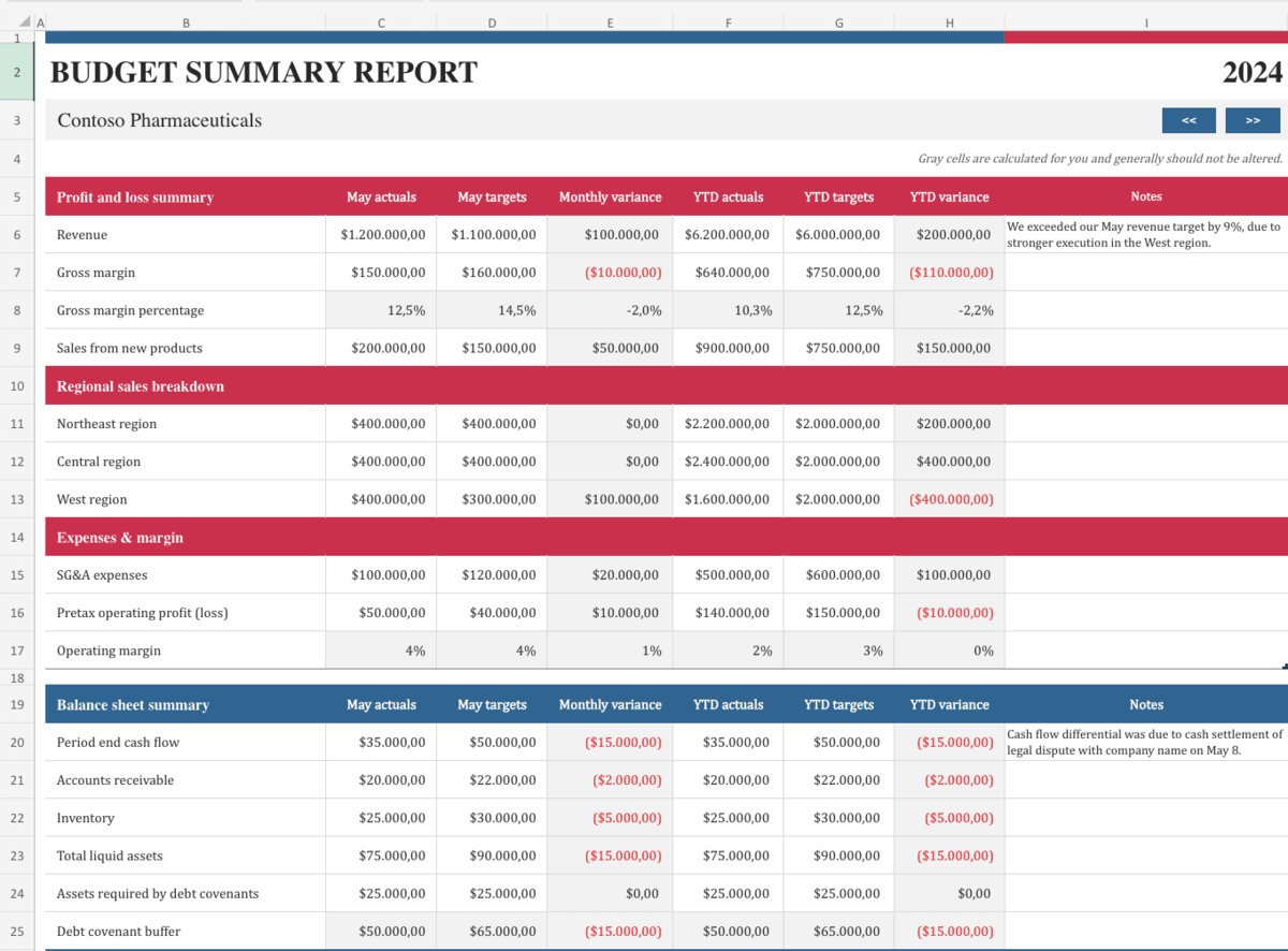 Excel budget summary report 