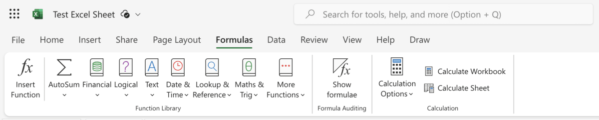 Microsoft Excel Formulas tab