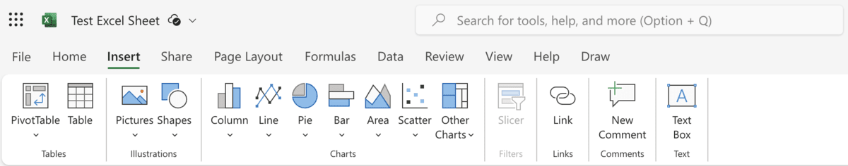 Microsoft Excel insert tab with chart categories