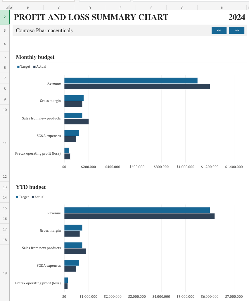 Excel profit and loss summary chart