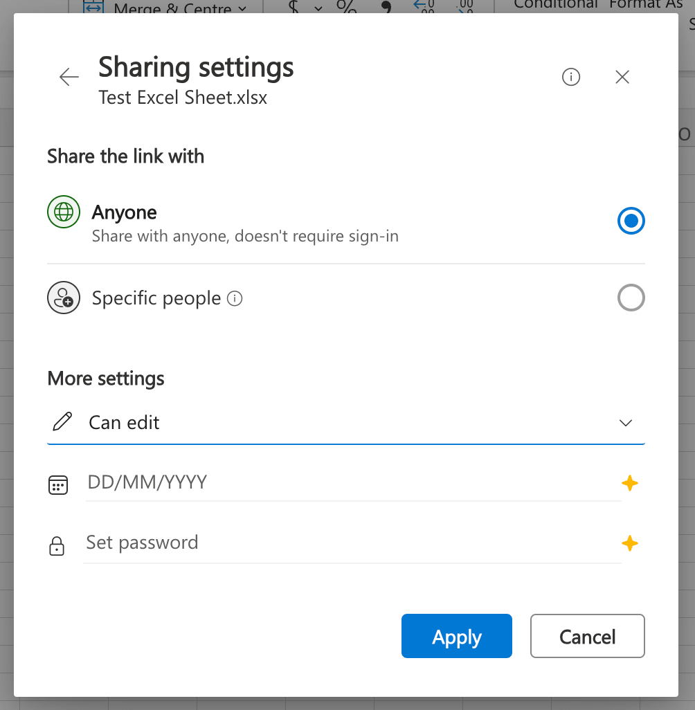 Microsoft Excel sharing options