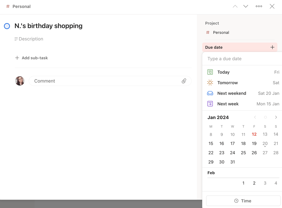 Setting a task due date in Todoist