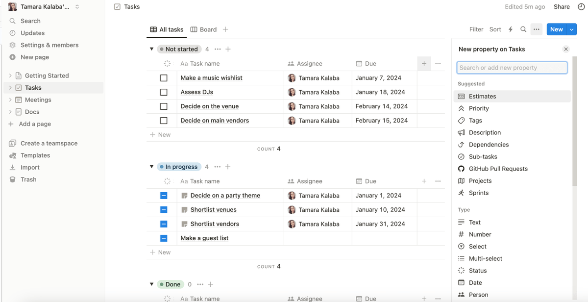 Task overview in Notion