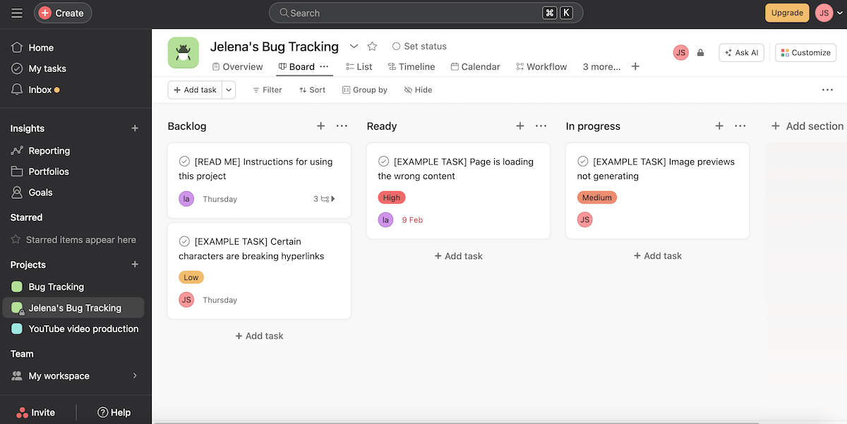 Asana bug report template