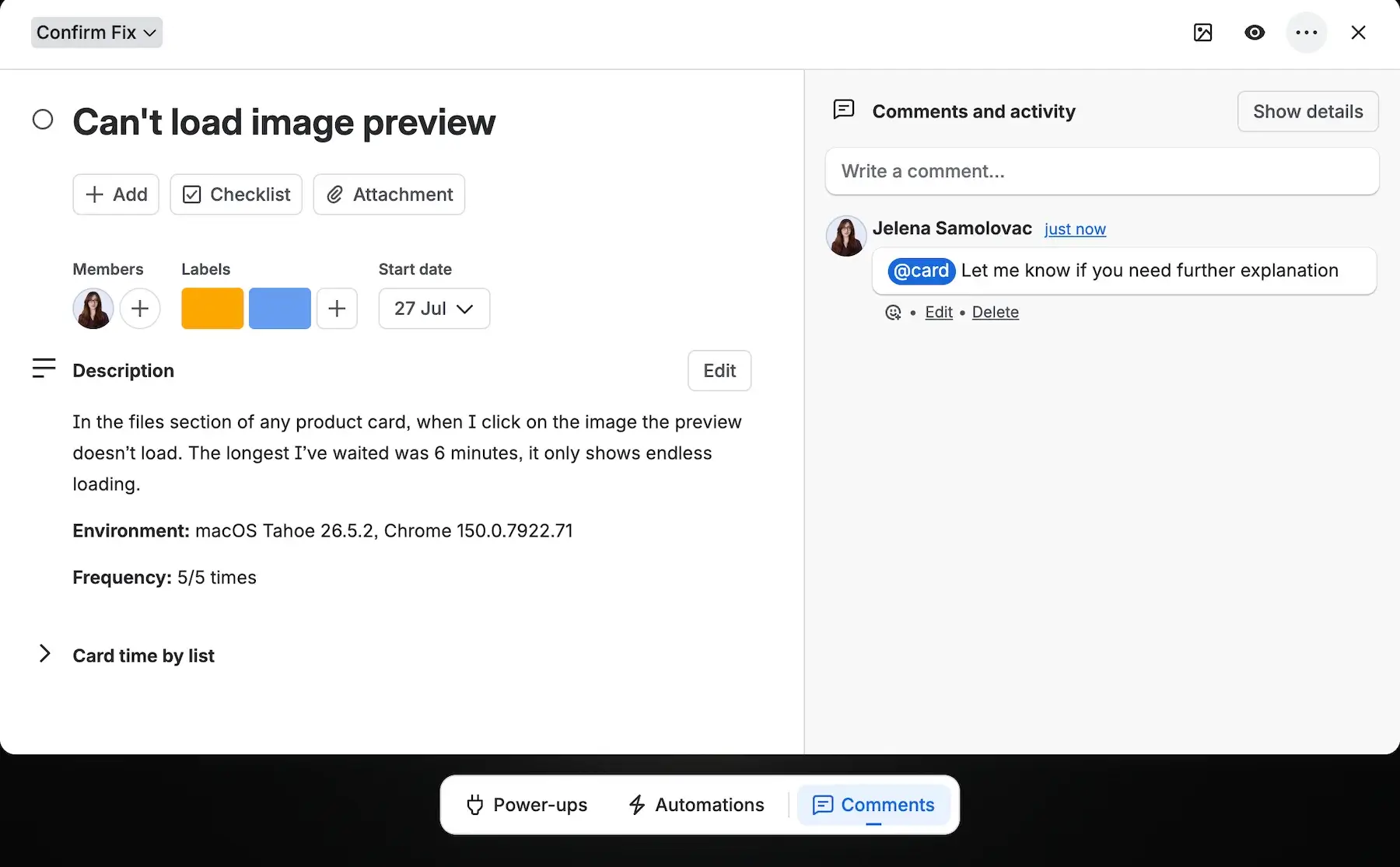 Bug report details in Trello
