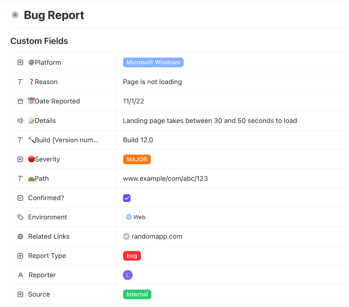 ClickUp bug report details
