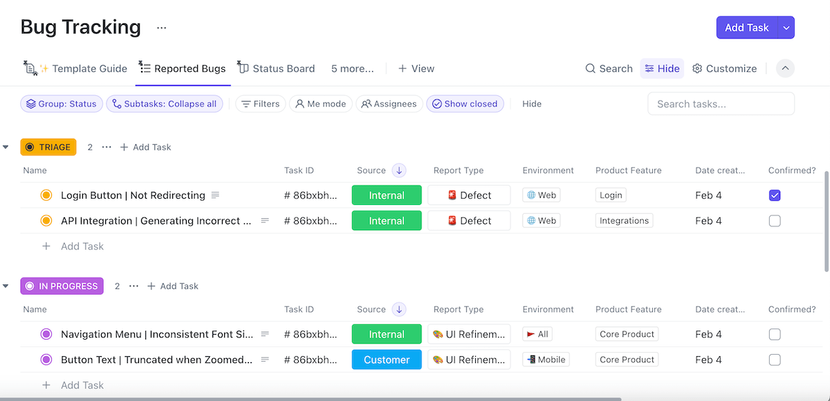 ClickUp bug tracking template