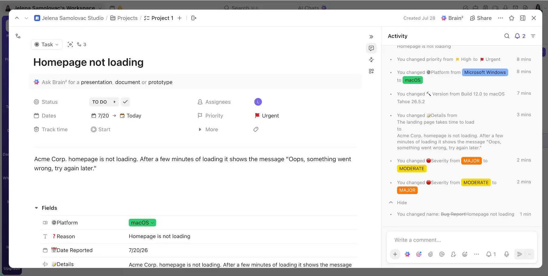 ClickUp’s bug report template