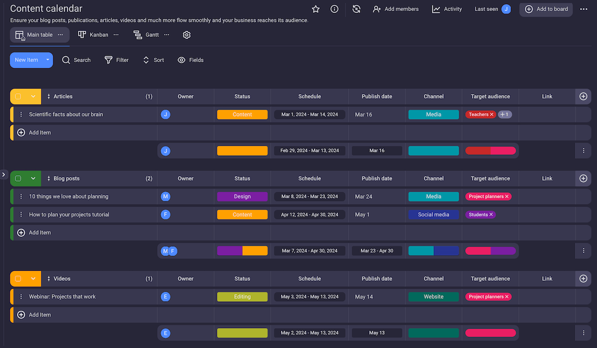 Content calendar template in Plaky