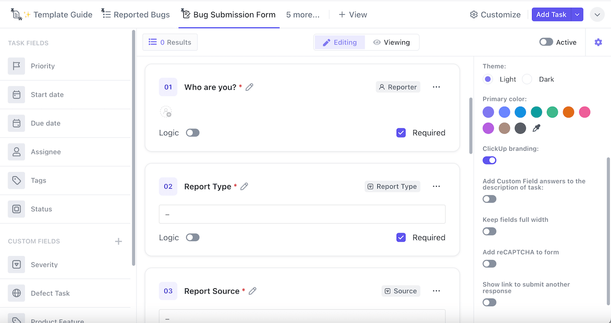 Creating a bug submission form in ClickUp