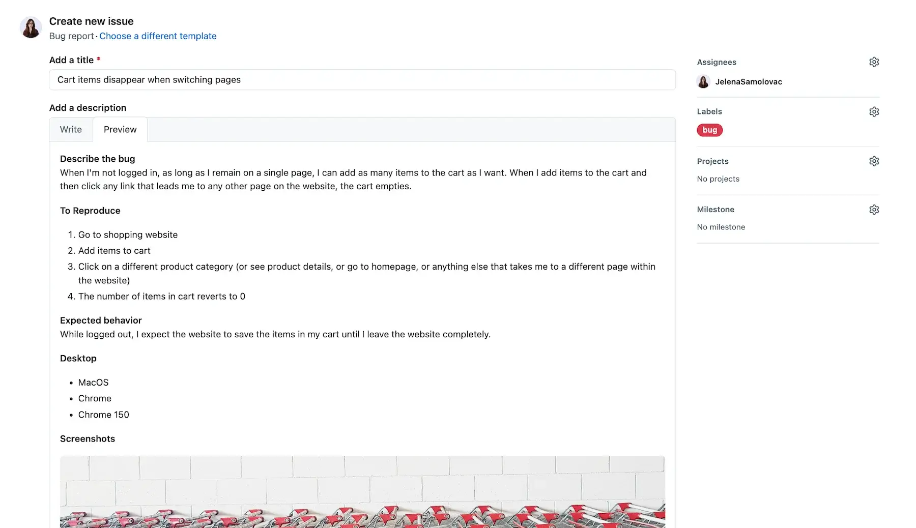 GitHub bug report template