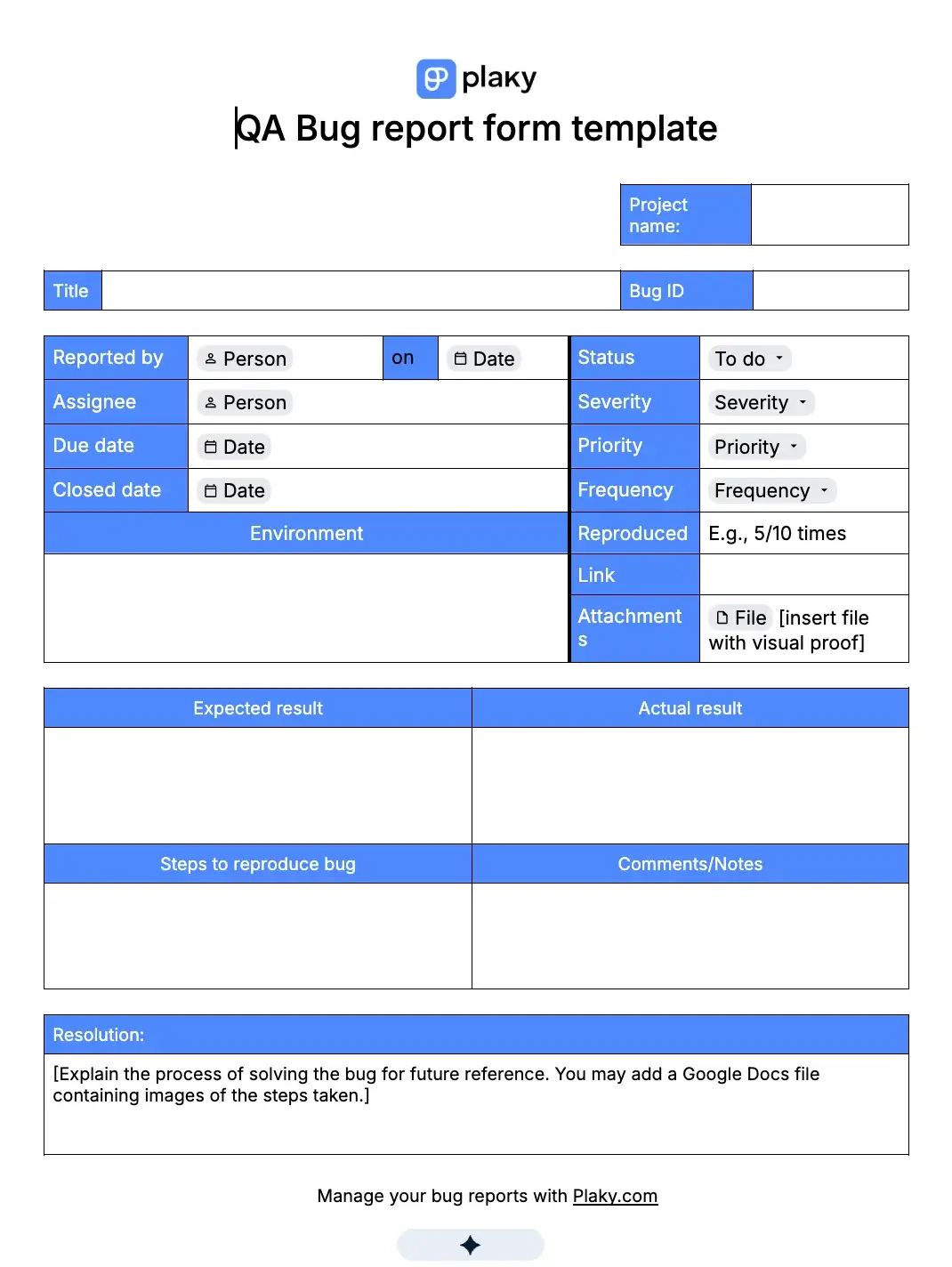 QA bug report form template