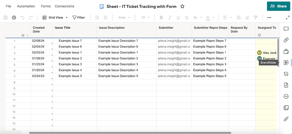 Smartsheet bug report template