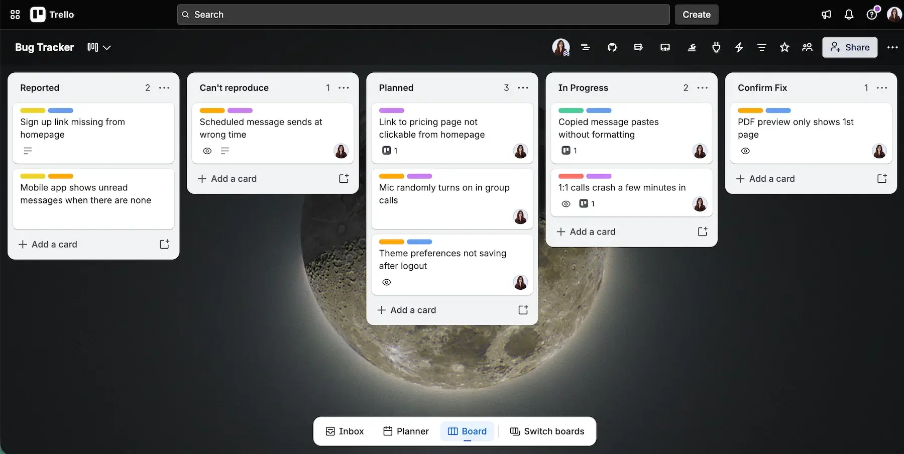 Trello's bug tracking template