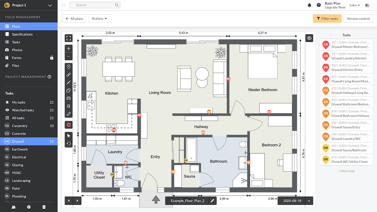 Adding location-bound tasks in Fieldwire's Plans tab