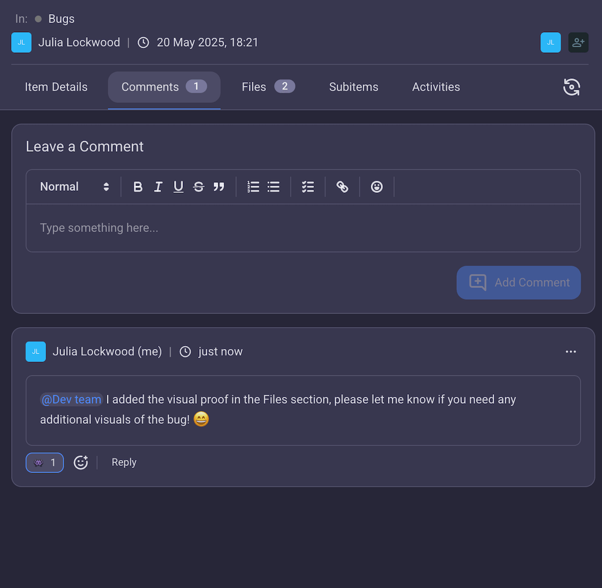 Communicating and collaborating in Plaky by using comments, mentions, and file sharing