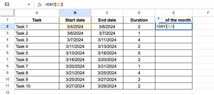 DAY function in Google Sheets