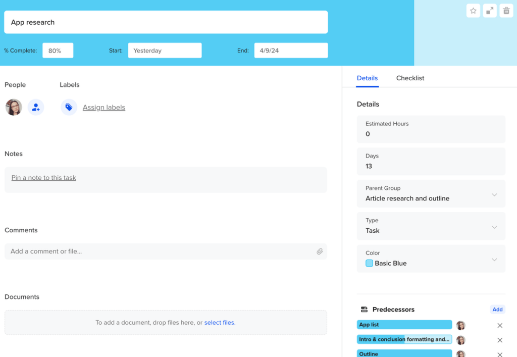 Example of a task card in TeamGantt