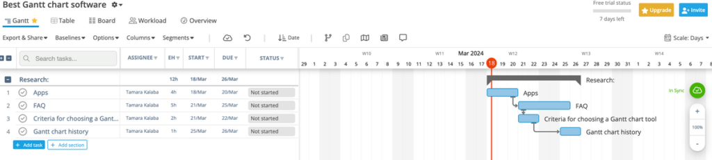 Instagantt’s Gantt view