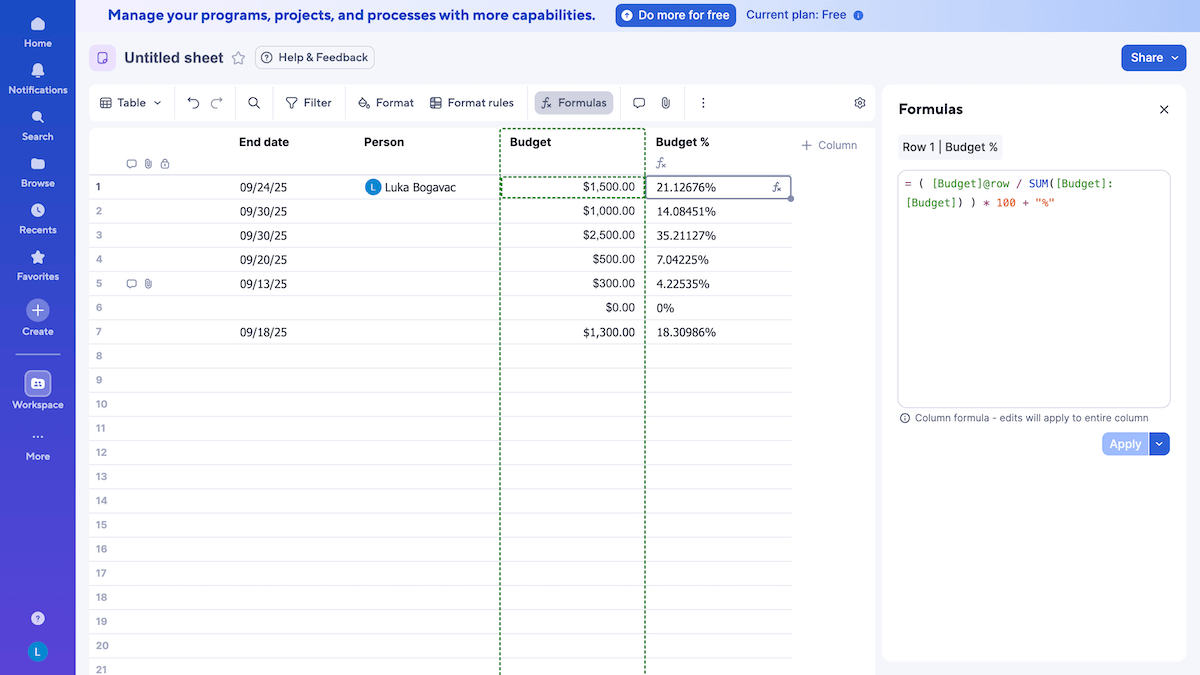 Using formulas in Smartsheet