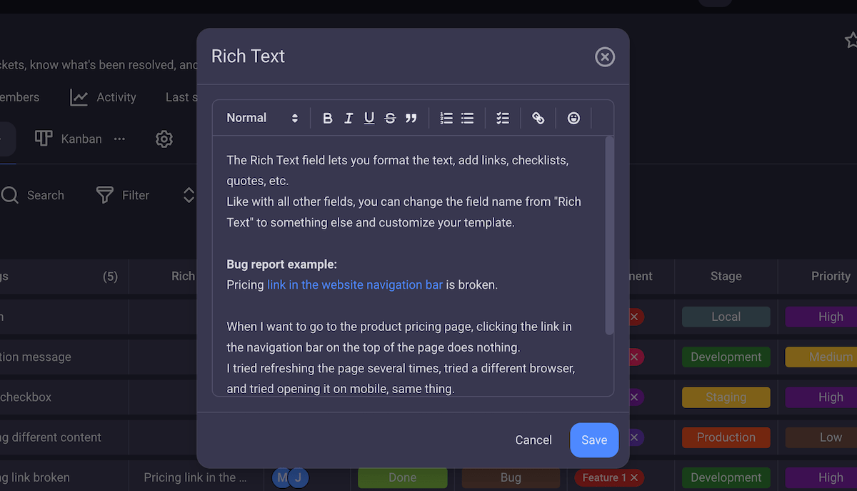 Rich text field in Plaky