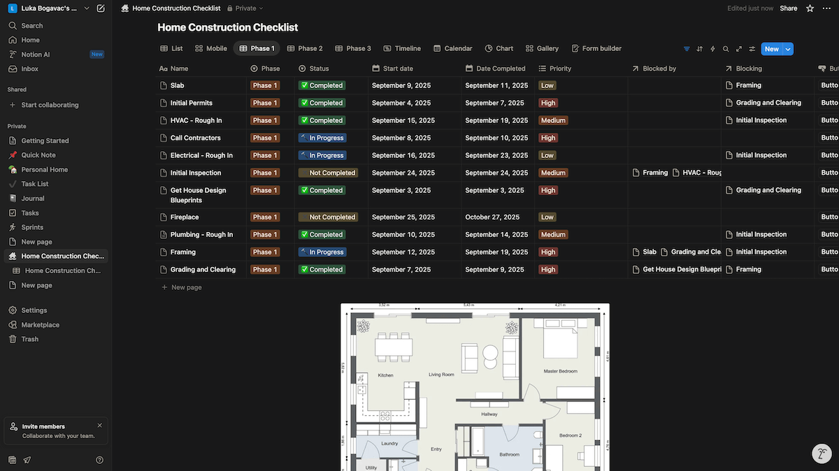 Setting up a construction scheduling board in Notion