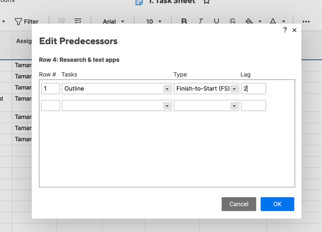 Setting up task dependencies in Smartsheet