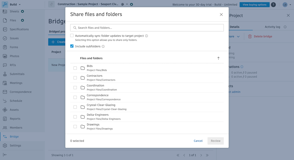 Using Bridges in Autodesk Build to share files between projects
