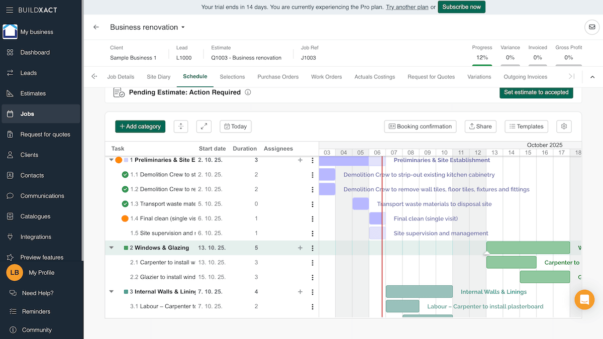 Schedule view in Buildxact
