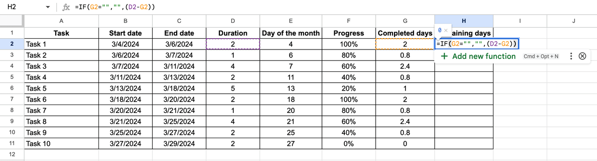 Calculating the number of remaining days