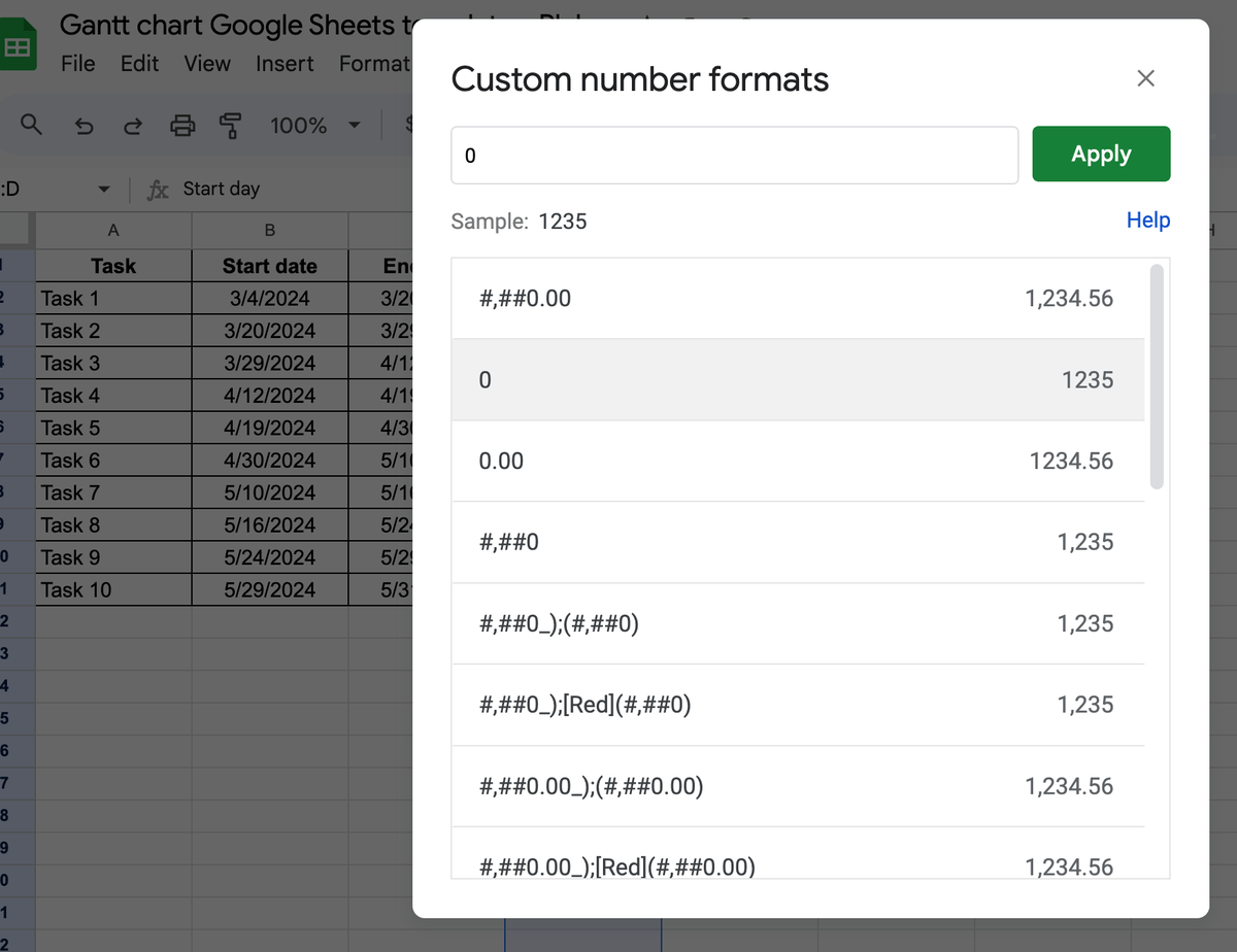 Changing the number format in Google Sheets