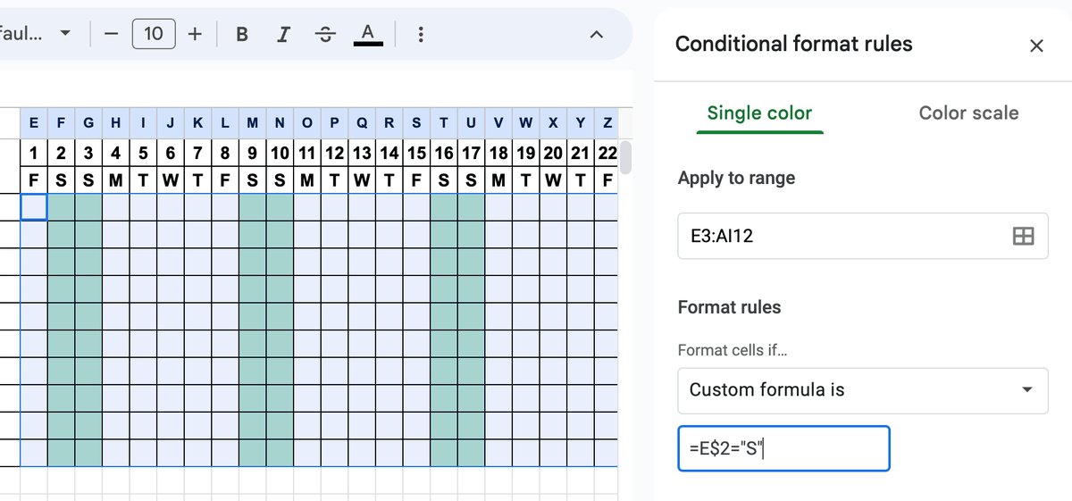 Custom conditional format rule in Google Sheets