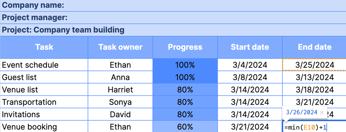 Finish-to-finish task dependency in Google Sheets