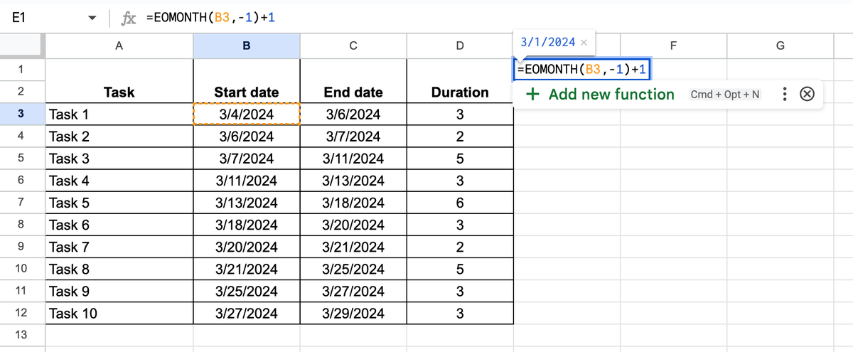 Formatting a sequence of days in Google Sheets