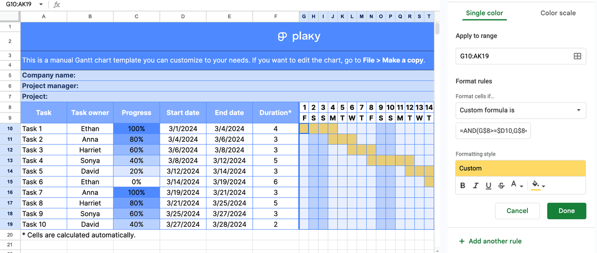 Manual Gantt chart template color scheme