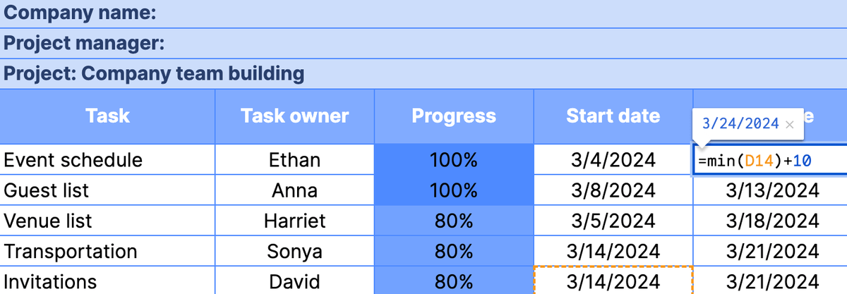 Start-to-finish task dependency in Google Sheets