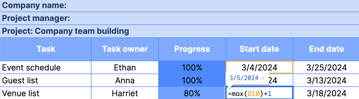 Start-to-start task dependency in Google Sheets