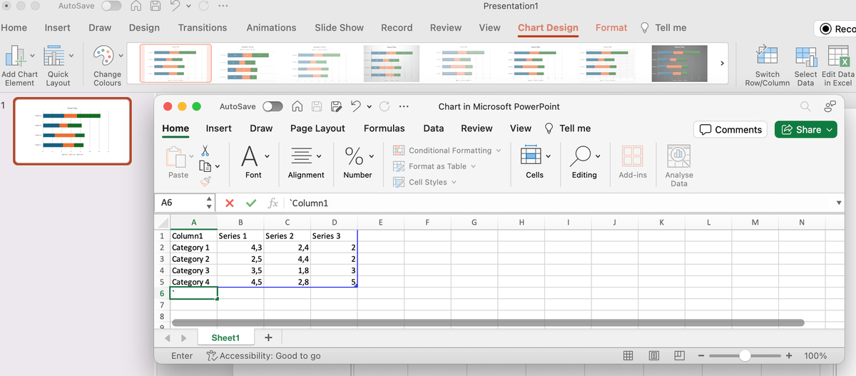 Default Excel sheet in PowerPoint