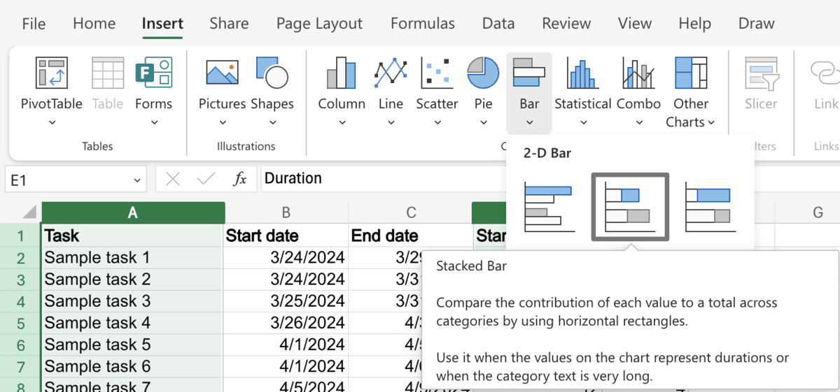 Adding a bar chart in Excel