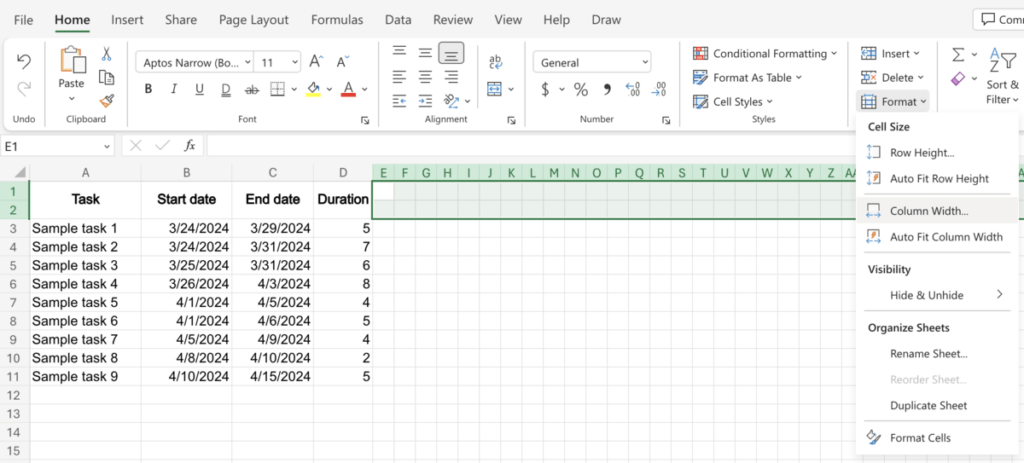 Formatting column width for the manual Gantt chart