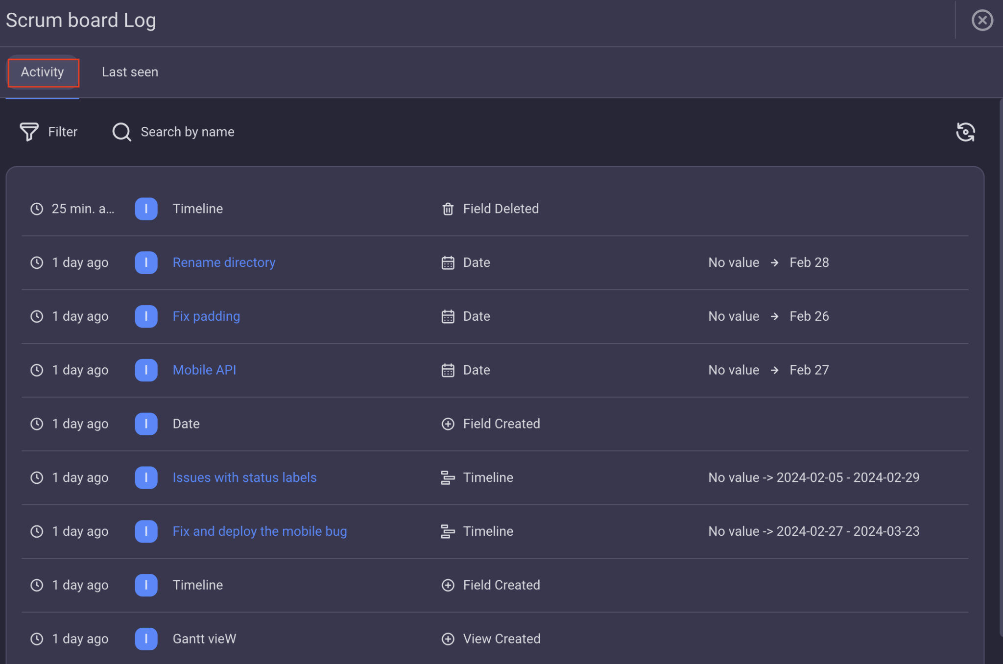 Board activity log in Plaky