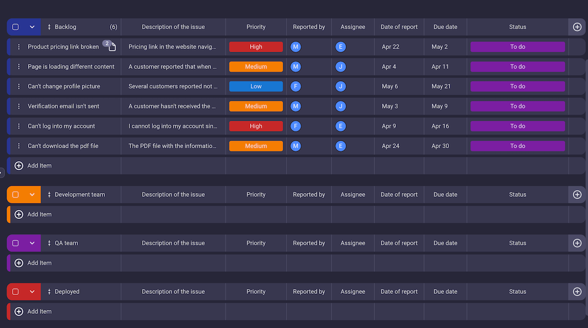 Bug tracking board in Plaky