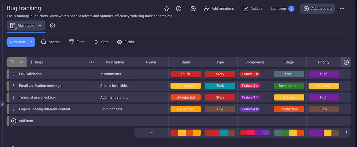 Bug tracking template in Plaky