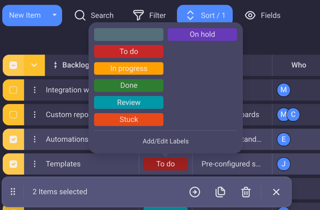 Bulk actions in Plaky