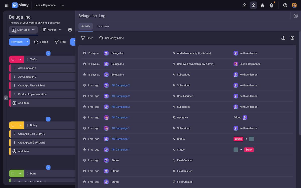 Plaky’s activity log