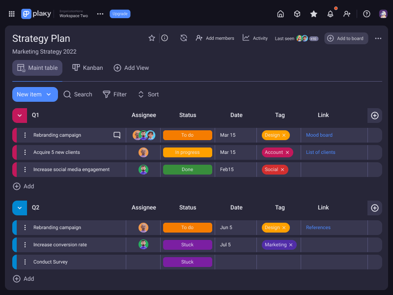 Strategy plan template in Plaky