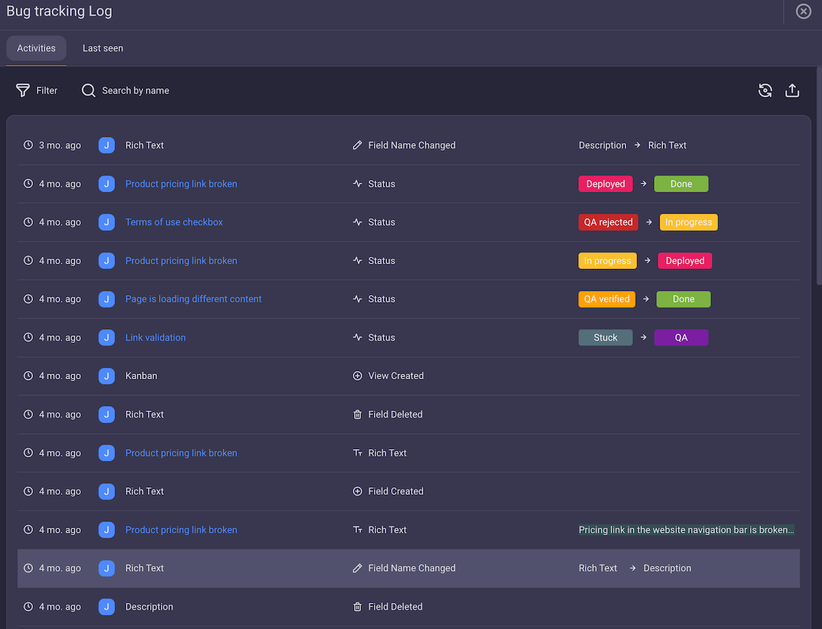 Activity log in Plaky